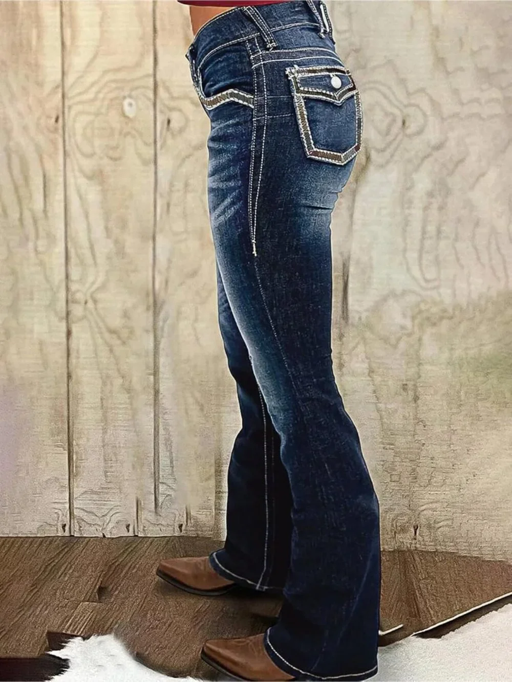 Women's Dark Midnight Blue Pull On Mid Rise Flare Leg Zip Lifting Bootcut Jeans